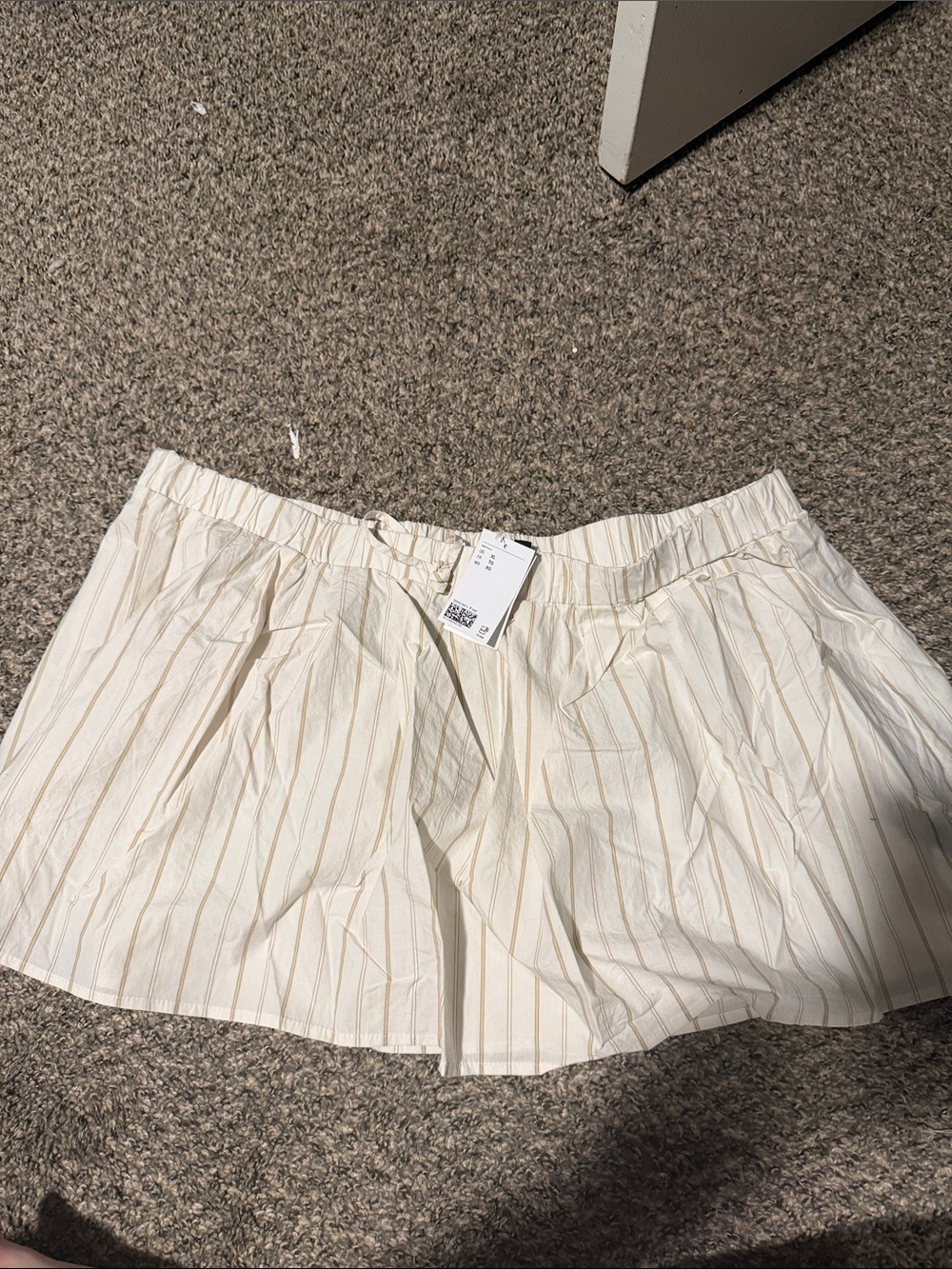 Divided Cream Mini Skirt with Subtle Tan Stripes